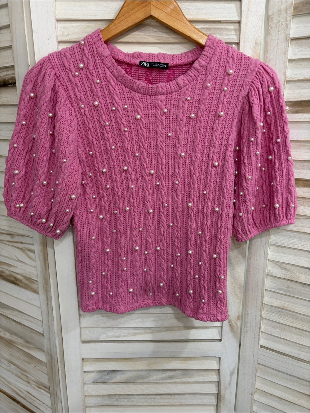 Zara Pink Pearl-Embellished Cable Knit Puff Sleeve Sweater